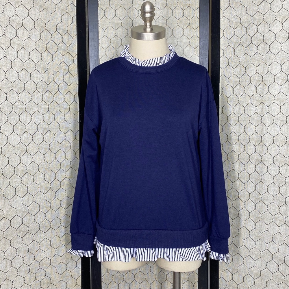 Olivia Warren Navy Blue & White Ruffle Shirt